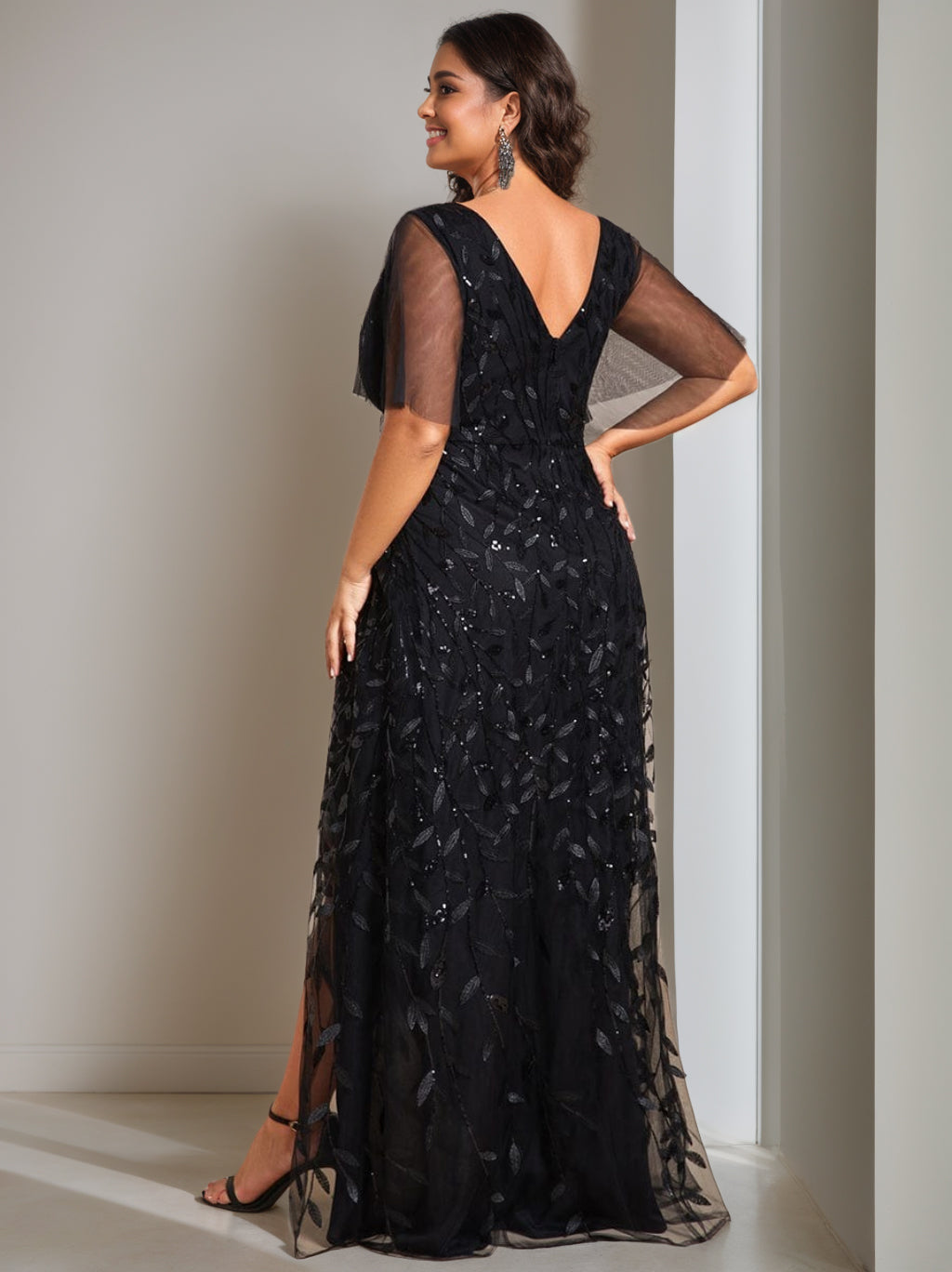 A-Line/Princess V-Neck Short Sleeves Asymmetrical Mother Of The Bride Dresses With Sequins BabaMila