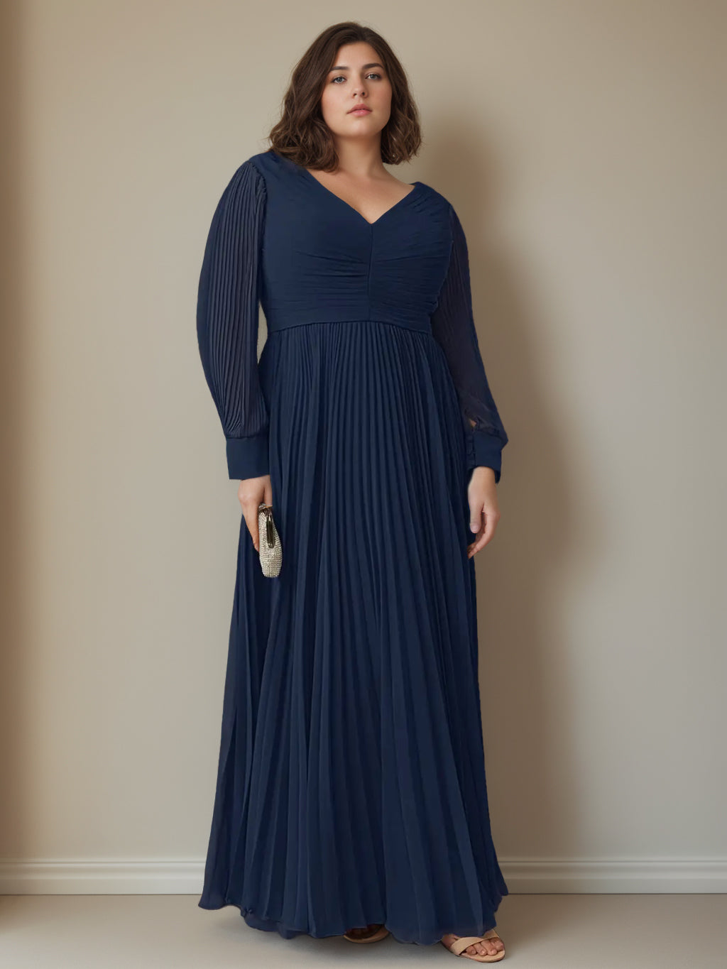 A-Line/Princess V-Neck Long Sleeves Floor-Length Plus Size Mother Of The Bride Dresses With Pleated BabaMila