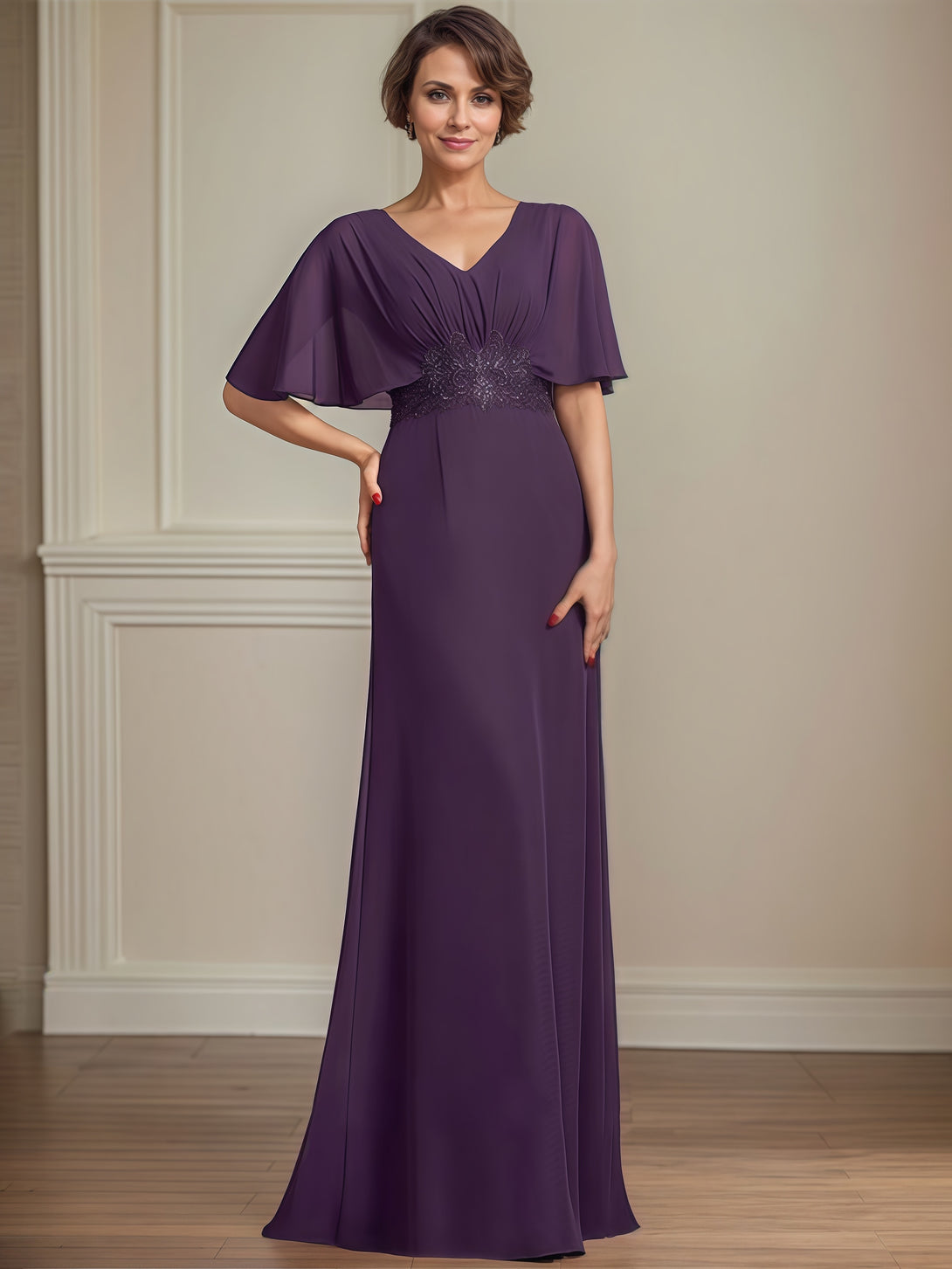 V-Neck Flutter Straps A-Line Floor-Length Chiffon Mother of the Bride Dress With Pleated/Appliques BabaMila