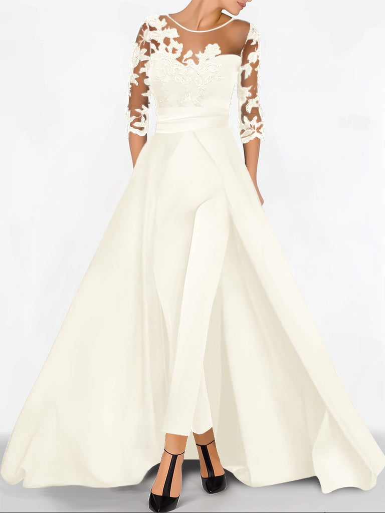 A-Line/Princess Sweetheart 3/4 Sleeves Floor-Length Mother Of The Bride Jumpsuit With Applique BabaMila