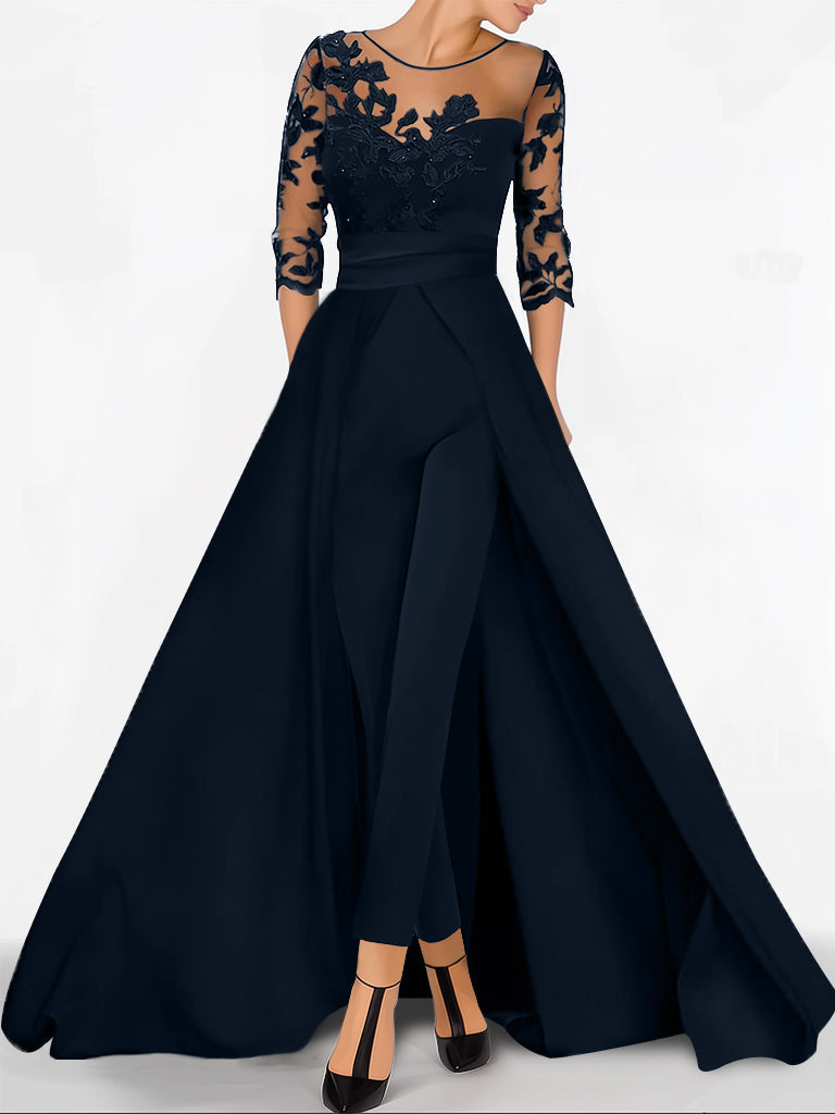 A-Line/Princess Sweetheart 3/4 Sleeves Floor-Length Mother Of The Bride Jumpsuit With Applique BabaMila