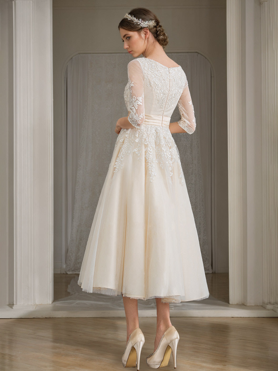 A-Line/Princess V-Neck Half Sleeves Tea-length Lace Wedding Dress with Appliques BabaMila