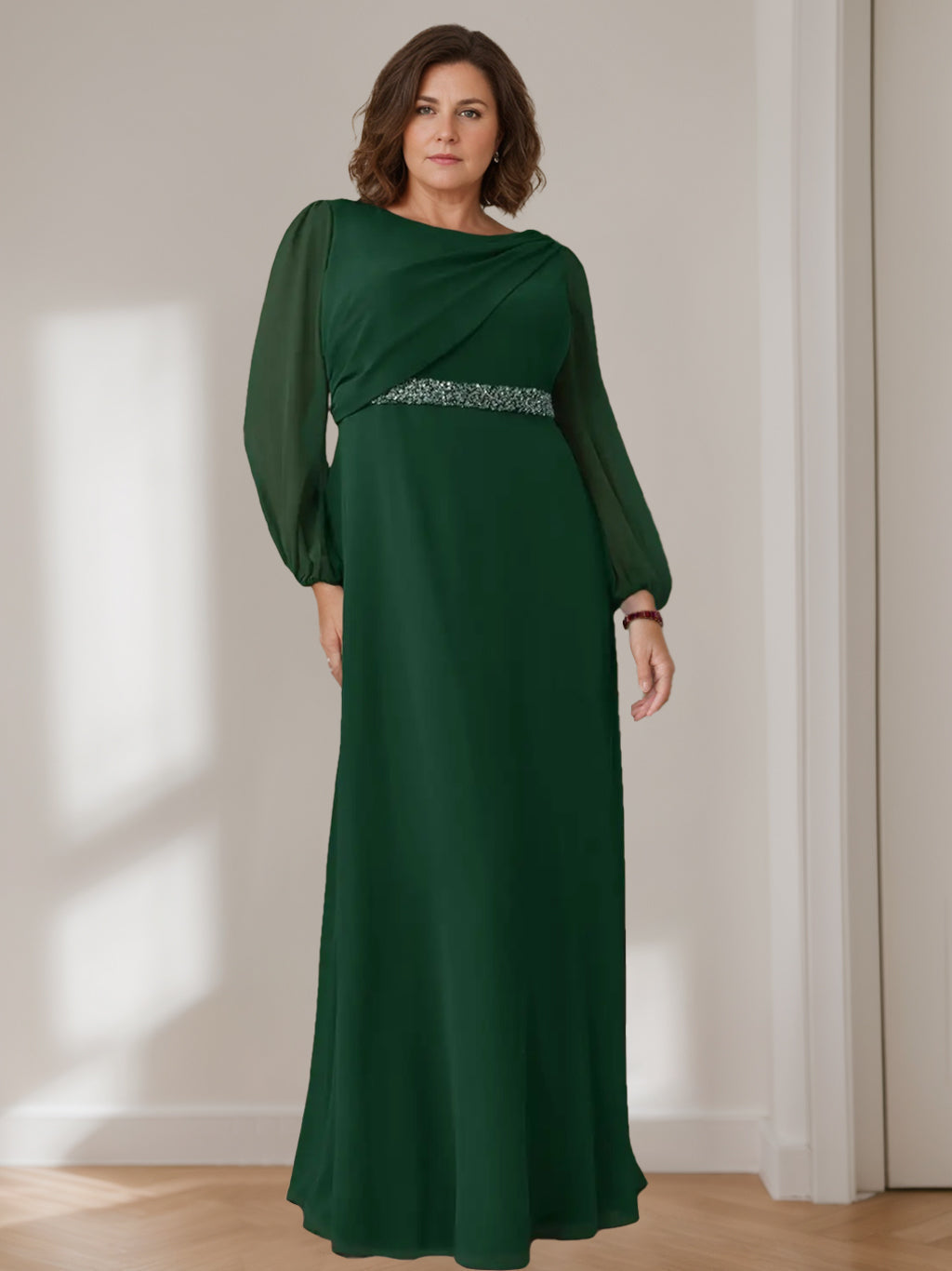A-Line/Princess Scoop Long Sleeves Floor-Length Plus Size Mother Of The Bride Dresses With Beaded, Pleated & Cascading Ruffles BabaMila