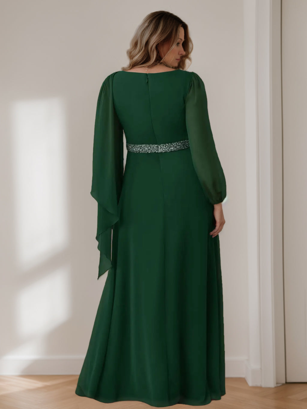 A-Line/Princess Scoop Long Sleeves Floor-Length Plus Size Mother Of The Bride Dresses With Beaded, Pleated & Cascading Ruffles BabaMila