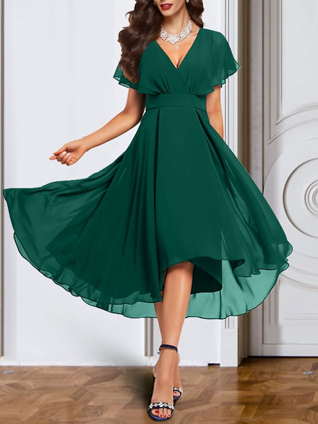 A-Line/Princess Chiffon V-Neck Short Sleeves Mother Of The Bride Dresses With Belt BabaMila