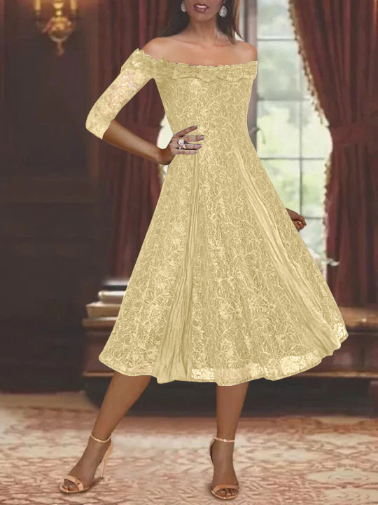 A-Line/Princess Off-The-Shoulder Half Sleeves Mother Of The Bride & Groom Dresses With Lace BabaMila