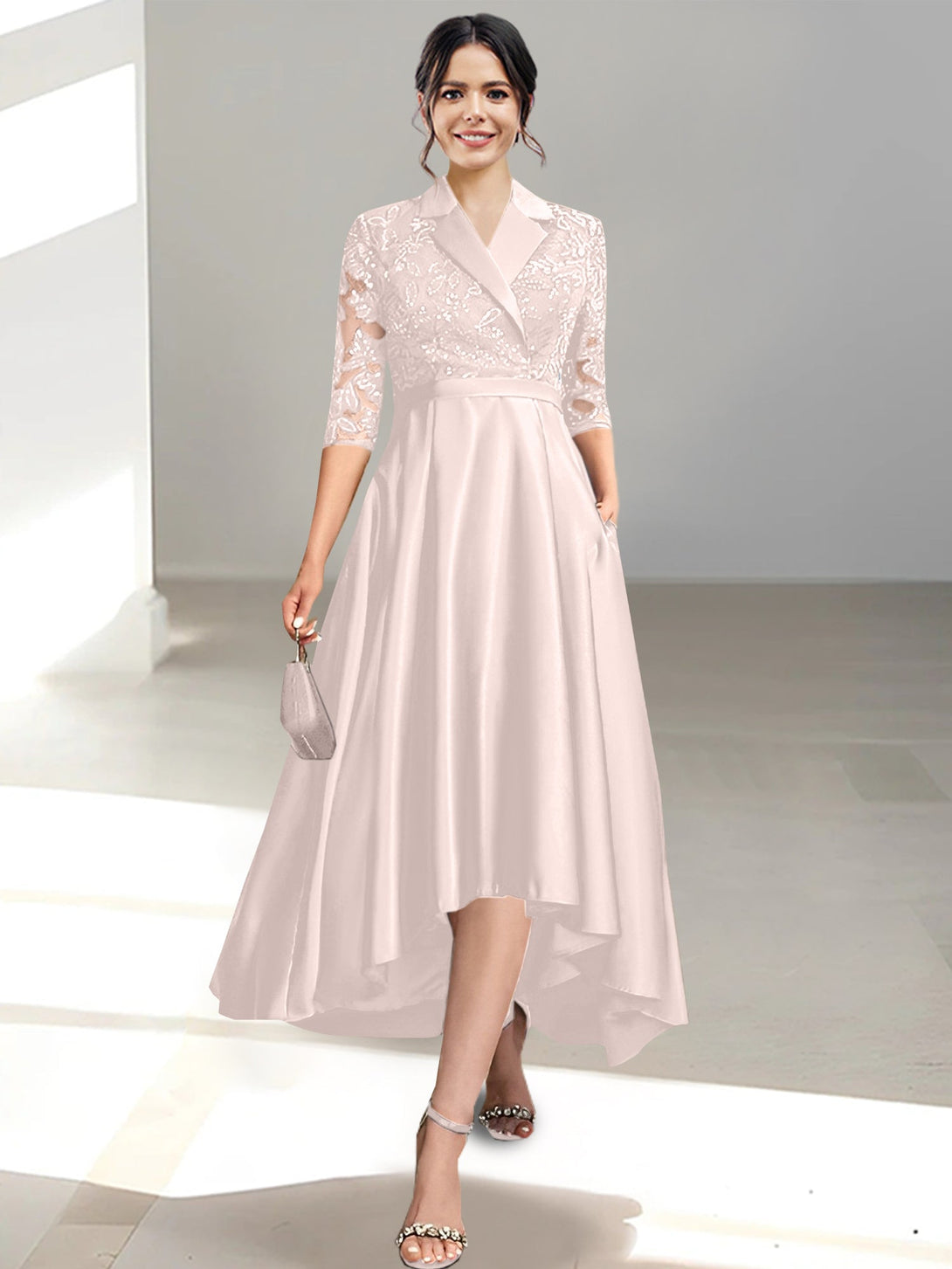 Sheath/Column V-Neck Tea-Length Mother Of The Bride Dresses BabaMila