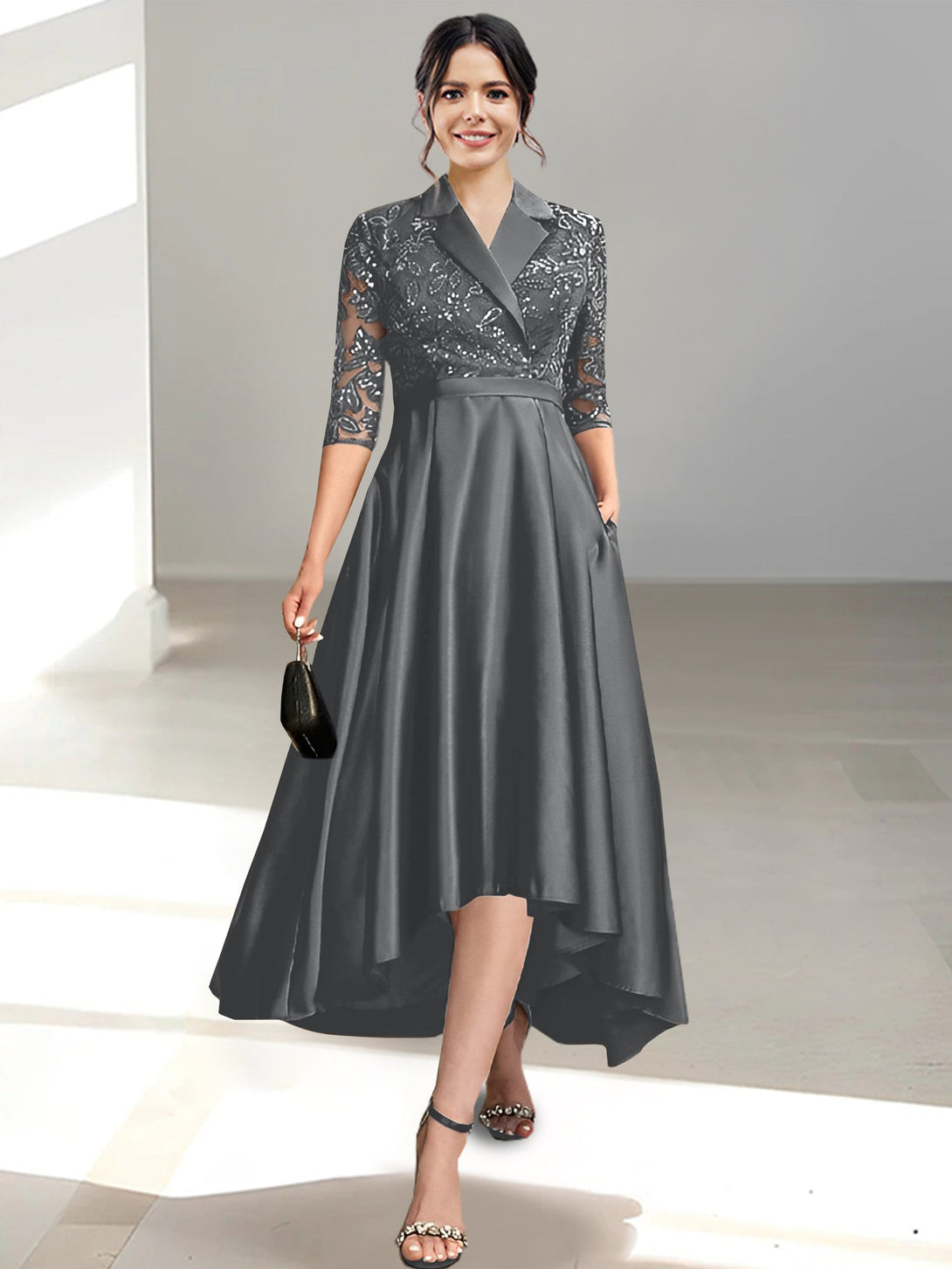 Sheath/Column V-Neck Tea-Length Mother Of The Bride Dresses BabaMila