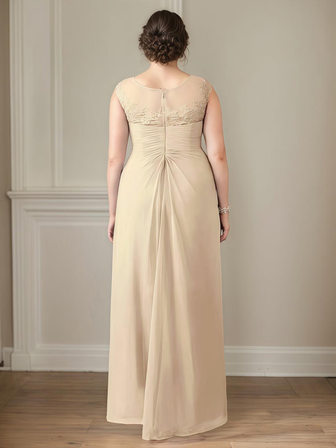 Boat Neck Sleeveless Asymmetrical Ankel-Length Lace/Chiffon Mother of the Bride Dress With Pleated/Appliques/Beads BabaMila