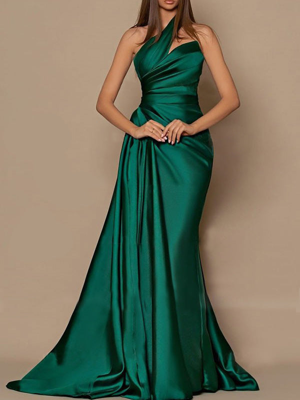 Sheath/Column One-Shoulder Floor-length Prom Dresses With Pleated BabaMila