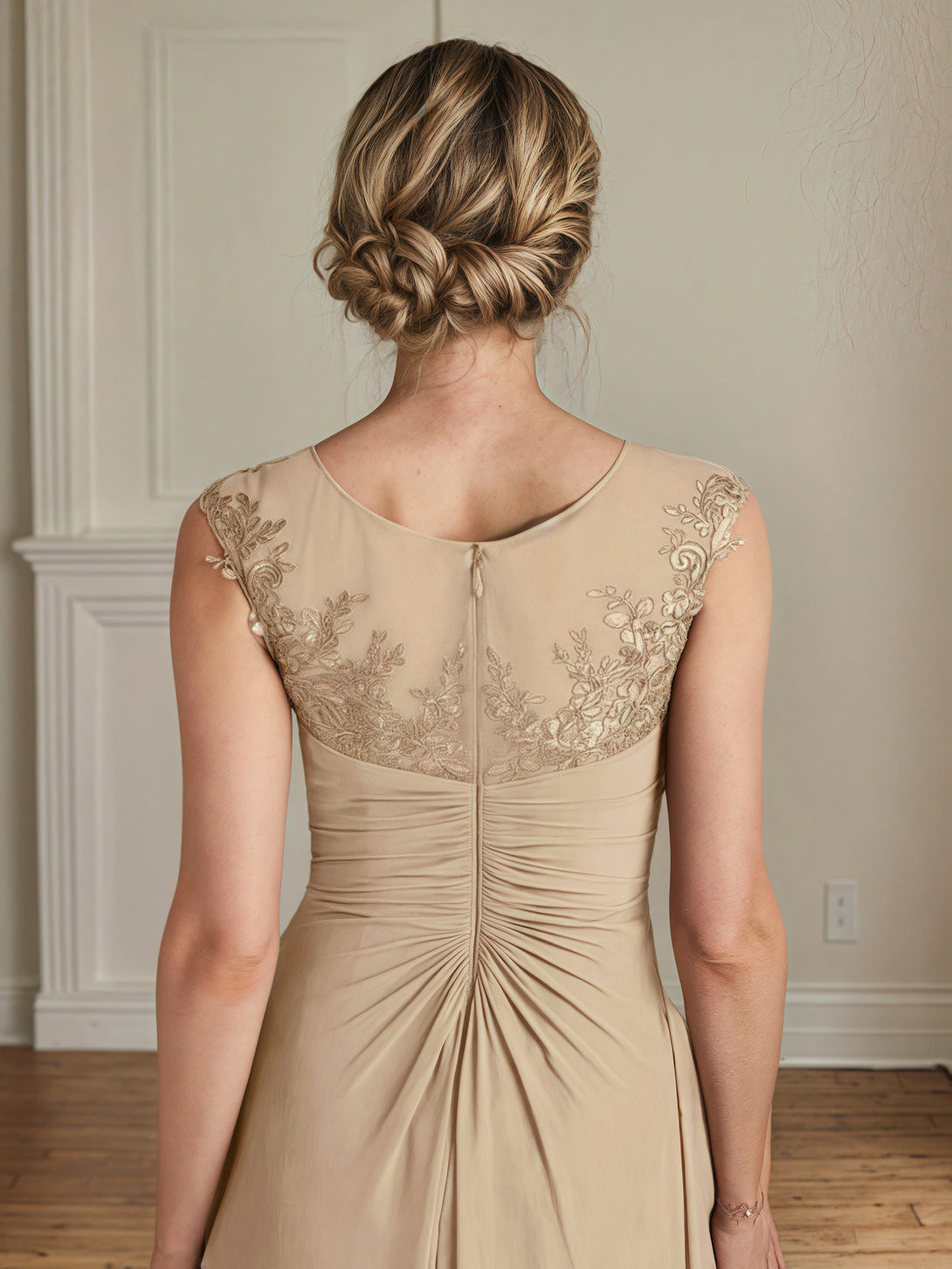 Boat Neck Sleeveless Asymmetrical Ankel-Length Lace/Chiffon Mother of the Bride Dress With Pleated/Appliques/Beads BabaMila