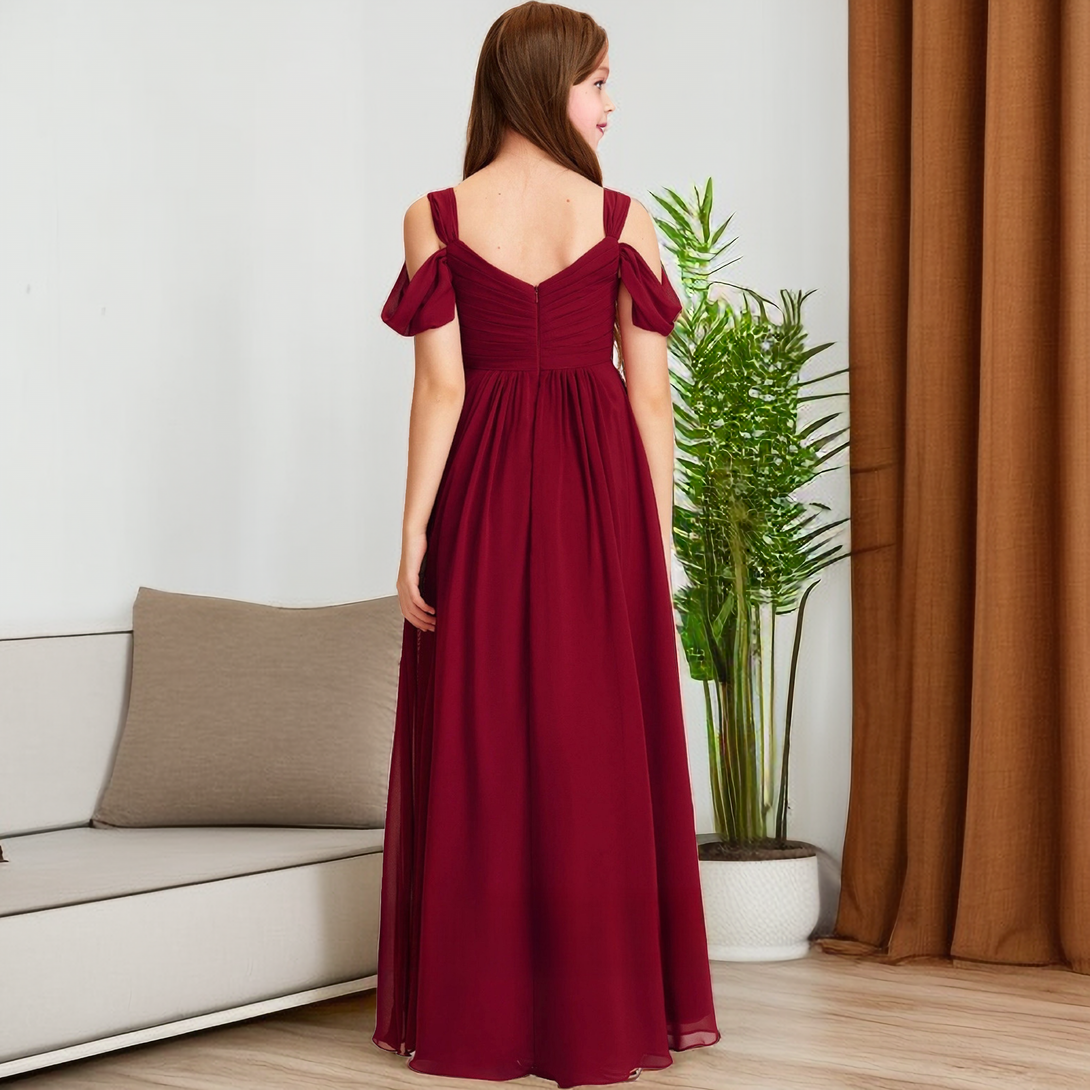 A-line Cold Shoulder Floor-Length Chiffon Junior Bridesmaid Dress With Pleated Girls Gidiondress