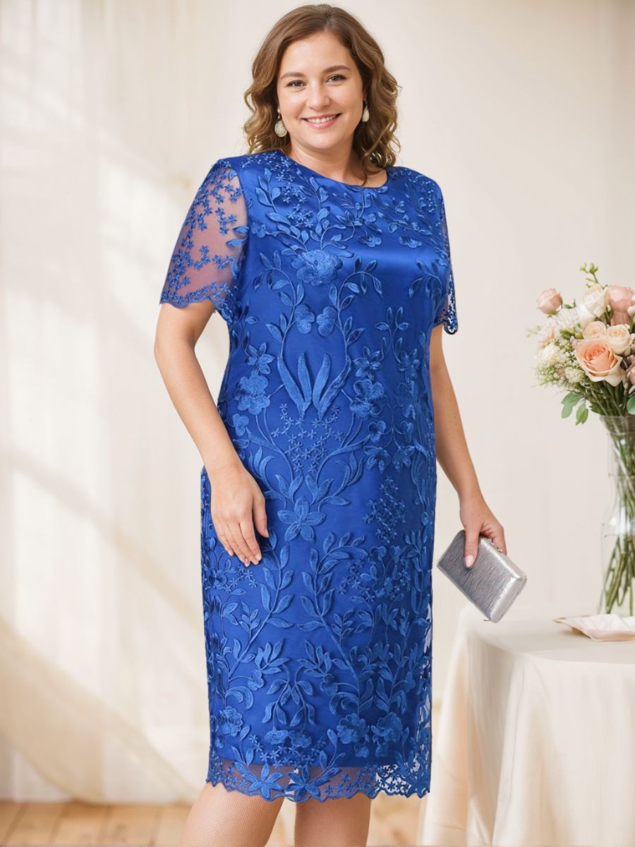Sheath/Column Scoop Short Sleeves Tea-Length Plus Size Mother Of The Bride Dresses With Appliques BabaMila