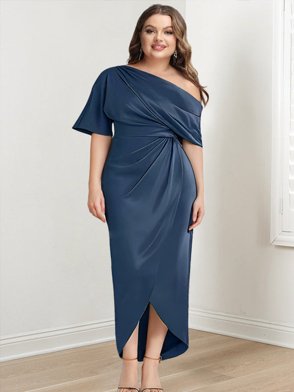 Sheath/Column One-Shoulder Short Sleeves Asymmetrical Plus Size Mother Of The Bride Dresses With Ruffles BabaMila
