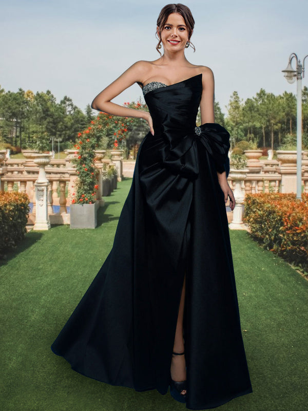 A-Line/Princess Satin/Sequins Strapless Floor-Length Prom Dresses With Split Side/Bow BabaMila