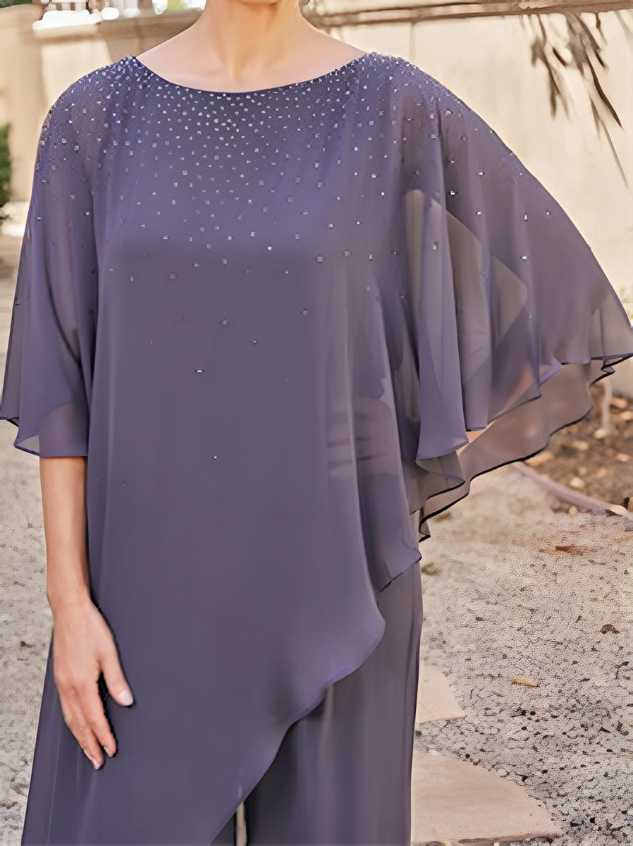 2-Pieces Chiffon Scoop 3/4 Sleeves Mother Of The Bride Pantsuits With Rhinestones BabaMila