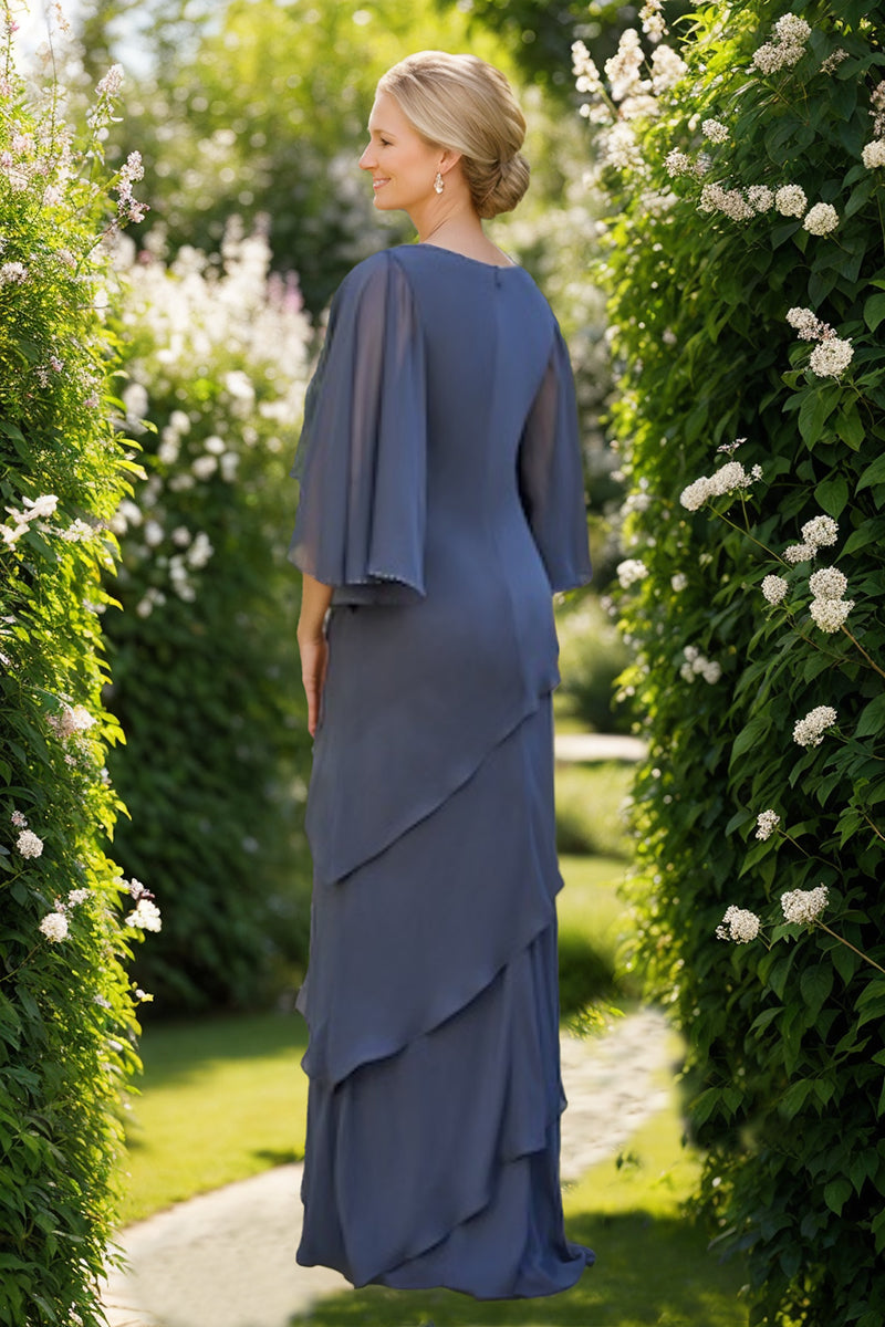 A-Line/Princess Scoop 3/4 Sleeves Mother Of The Bride & Groom Dresses With Rhinestone & Ruffles BabaMila