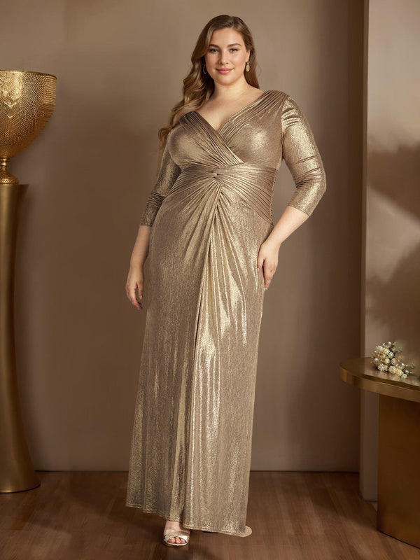 A-Line/Princess V-Neck 3/4 Length Sleeves Floor-Length Plus Size Mother Of The Bride Dresses With Ruffles BabaMila