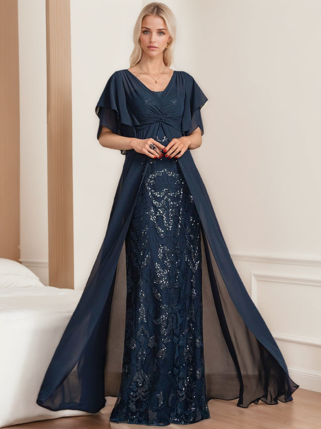 A-Line/Princess V-Neck Half Sleeves Floor-Length Plus SizeMother Of The Bride Dresses With Pleated BabaMila