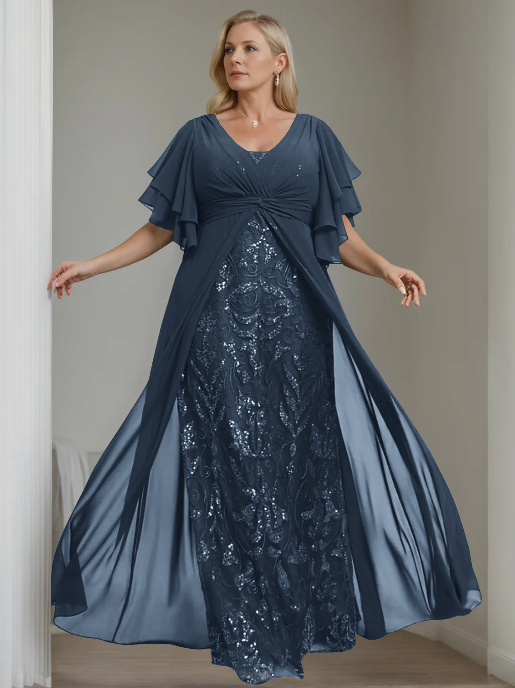 A-Line/Princess V-Neck Half Sleeves Floor-Length Plus SizeMother Of The Bride Dresses With Pleated BabaMila