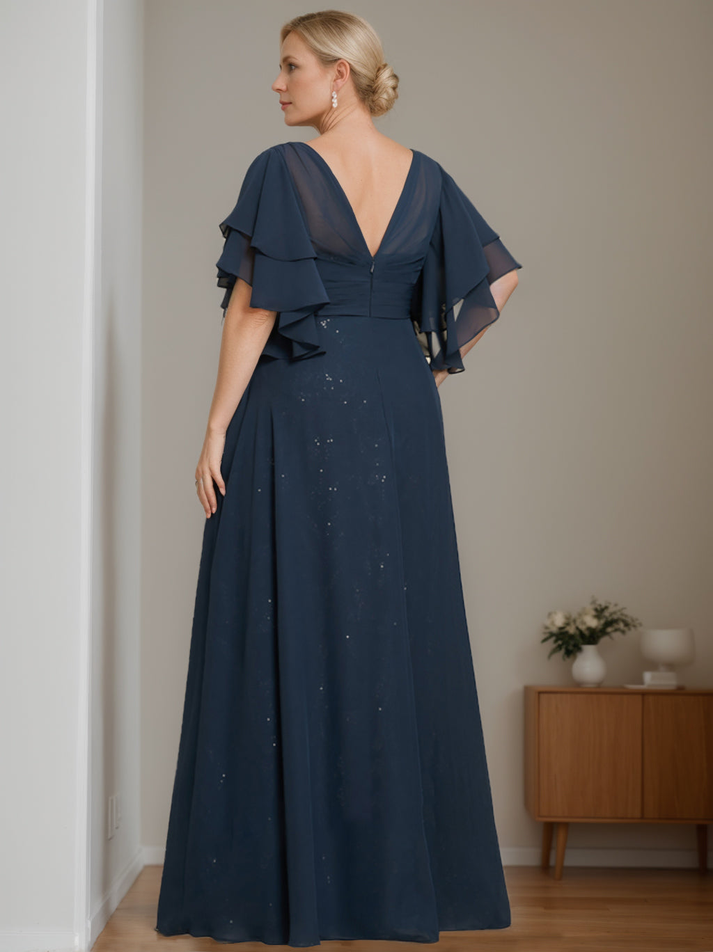 A-Line/Princess V-Neck Half Sleeves Floor-Length Plus SizeMother Of The Bride Dresses With Pleated BabaMila