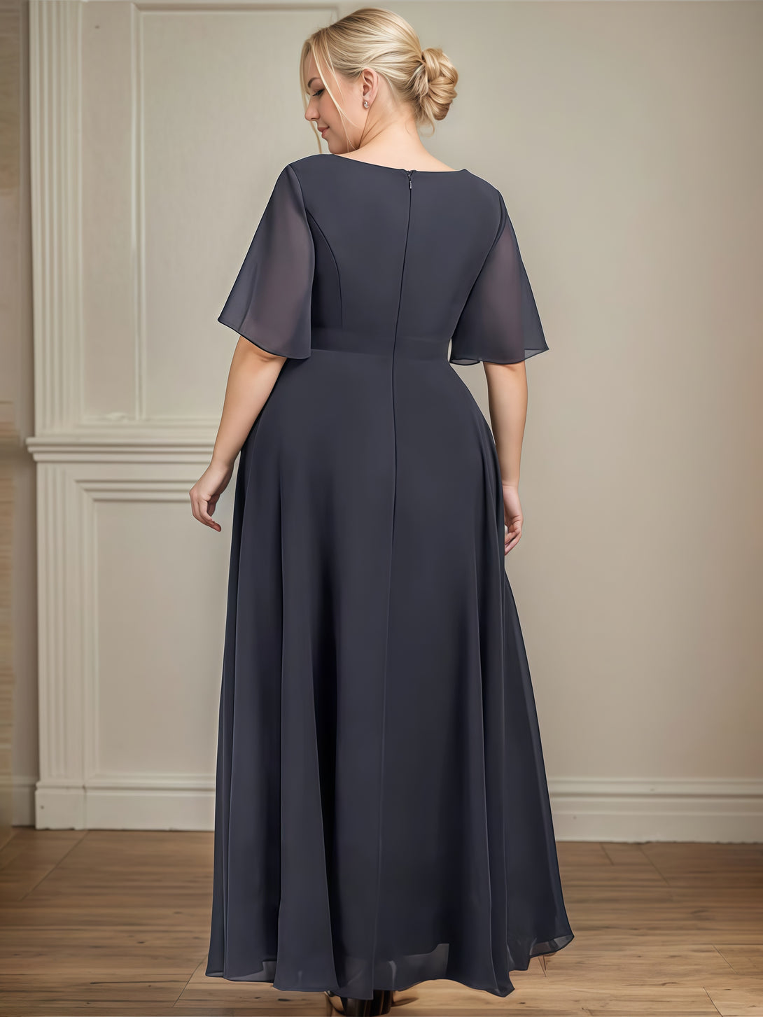 V-Neck Flutter Straps Ankel-Length Chiffon Mother of the Bride Dress With Pleated/Beads BabaMila