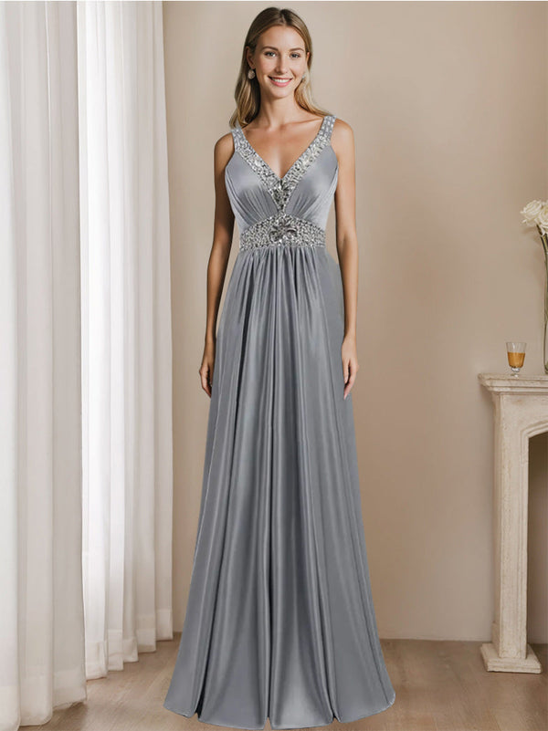 A-Line/Princess V-Neck Floor-Length Sleeveless Mother Of The Bride Dresses With Rhinestone BabaMila