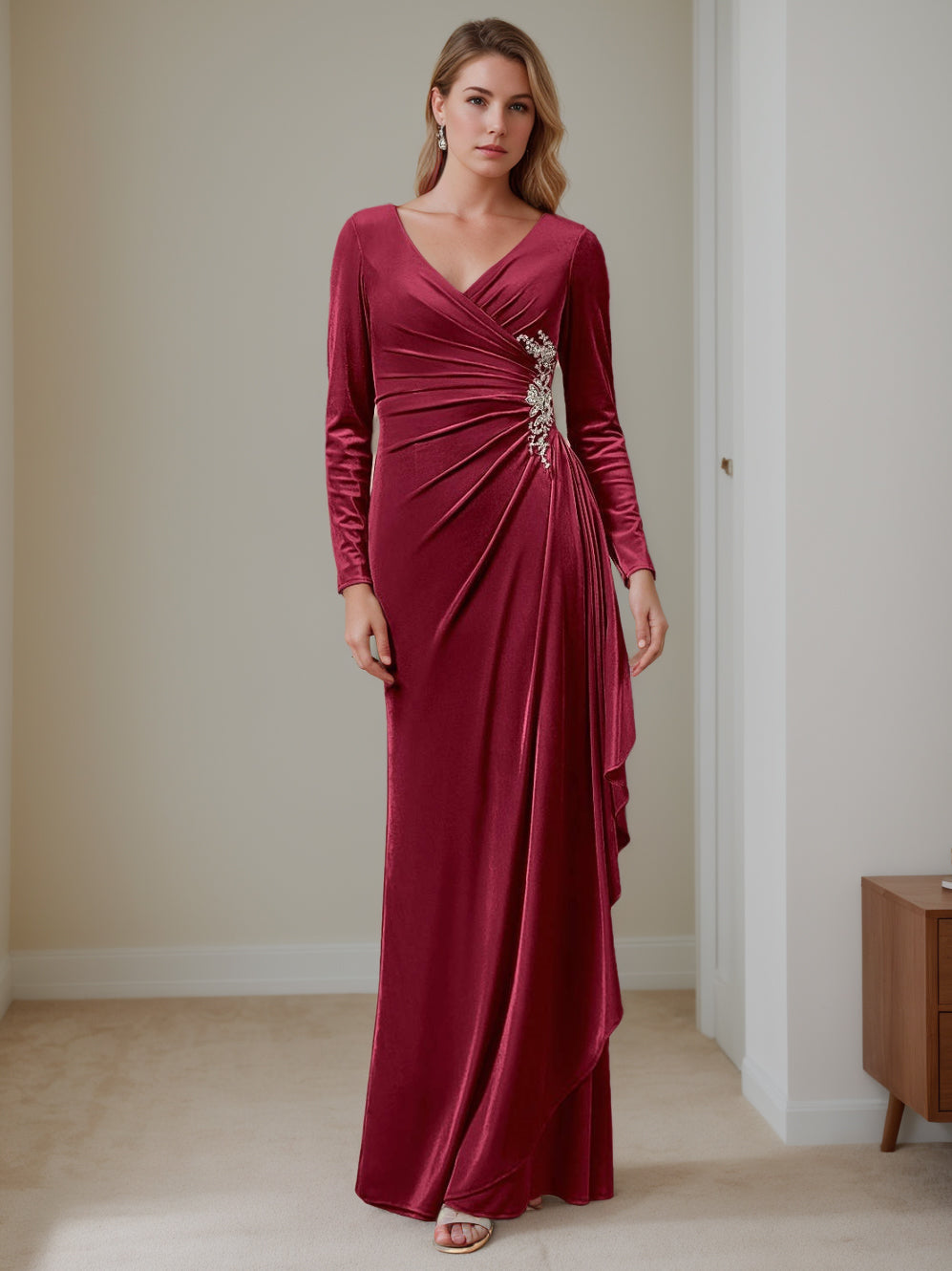 A-Line/Princess V-Neck Long Sleeves Floor-Length Velvet Mother Of The Bride Dresses With Ruffles BabaMila