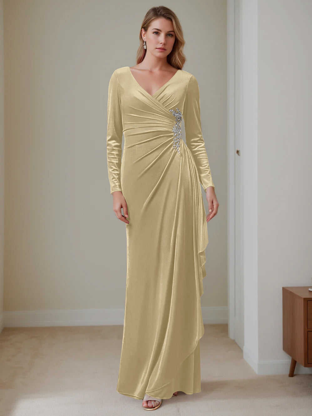 A-Line/Princess V-Neck Long Sleeves Floor-Length Velvet Mother Of The Bride Dresses With Ruffles BabaMila