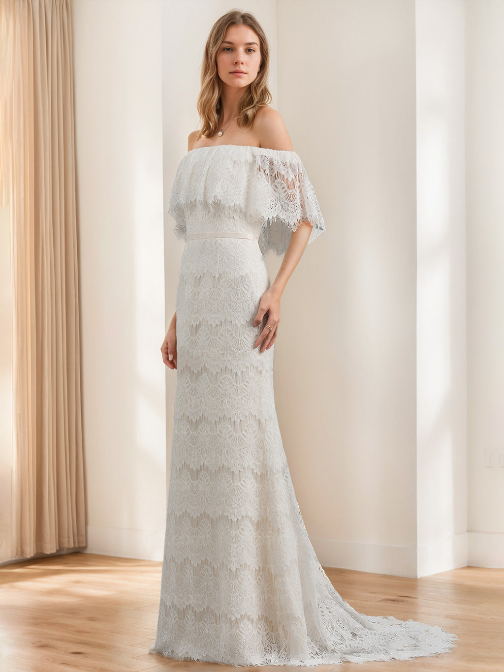 A-Line/Princess Off-the-Shoulder Cape Floor-Length Lace Wedding Dress BabaMila