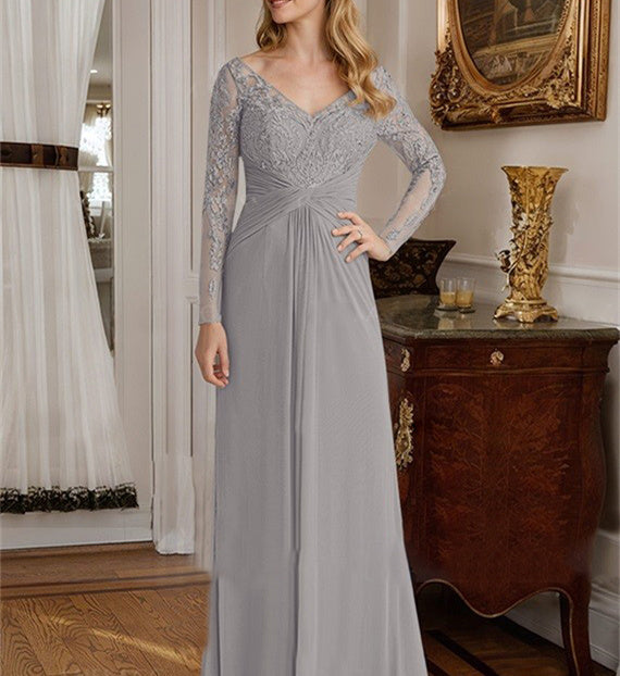 A-Line/Princess V-Neck Floor-Length Mother Of The Bride Dresses With Lace Ruffle BabaMila