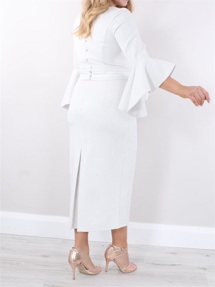 Sheath/Column Square Neck Tea-Length 3/4 Length Sleeves Mother Of The Bride Dresses With Ruffles BabaMila