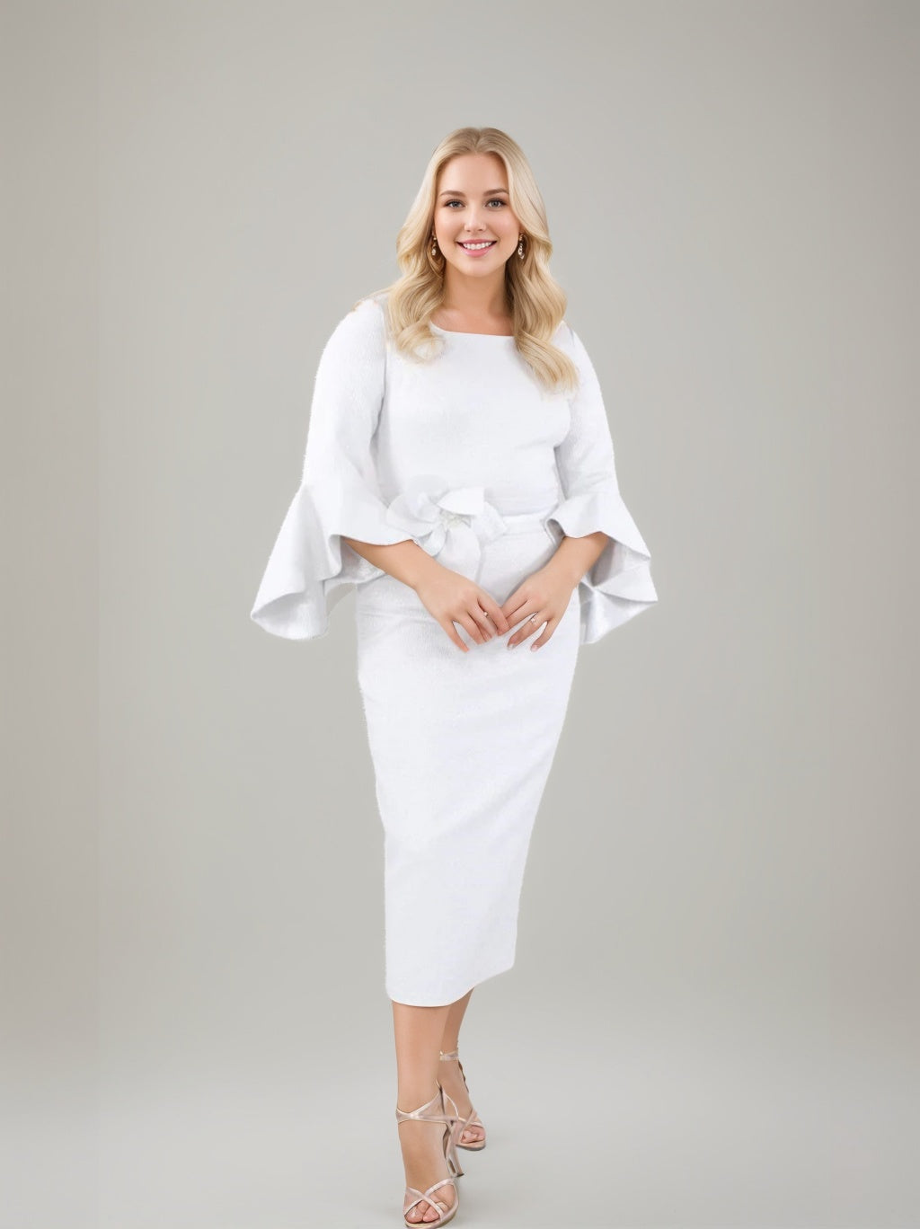 Sheath/Column Square Neck Tea-Length 3/4 Length Sleeves Mother Of The Bride Dresses With Ruffles BabaMila