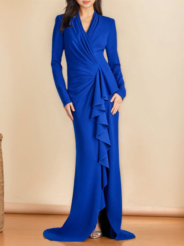 Mermaid/Trumpet V-Neck Long Sleeves Floor-Length Mother Of The Bride Dresses With Split Side BabaMila