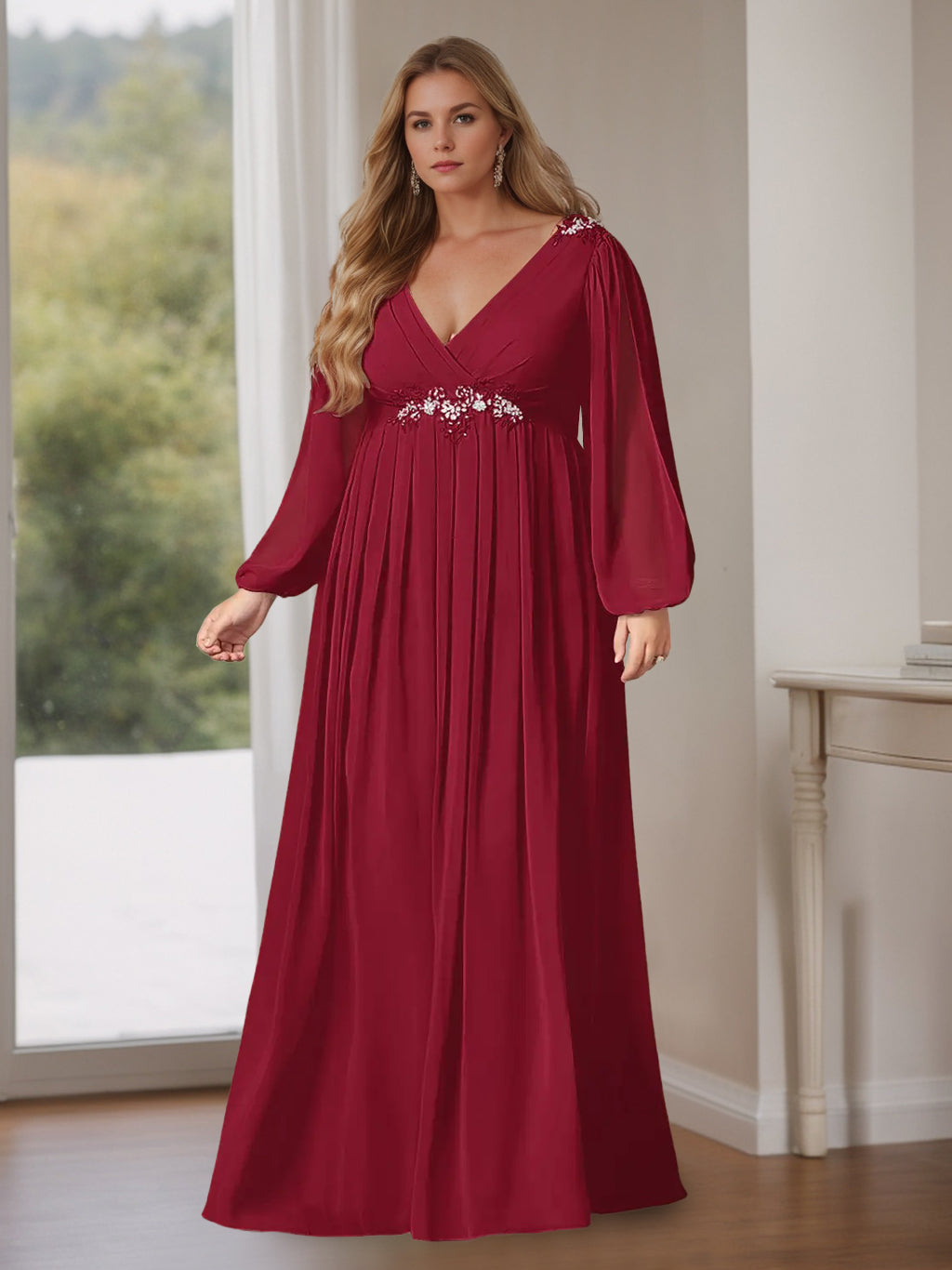 A-Line/Princess V-Neck Long Sleeves Floor-Length Plus Size Mother Of The Bride Dresses With Ruffles BabaMila