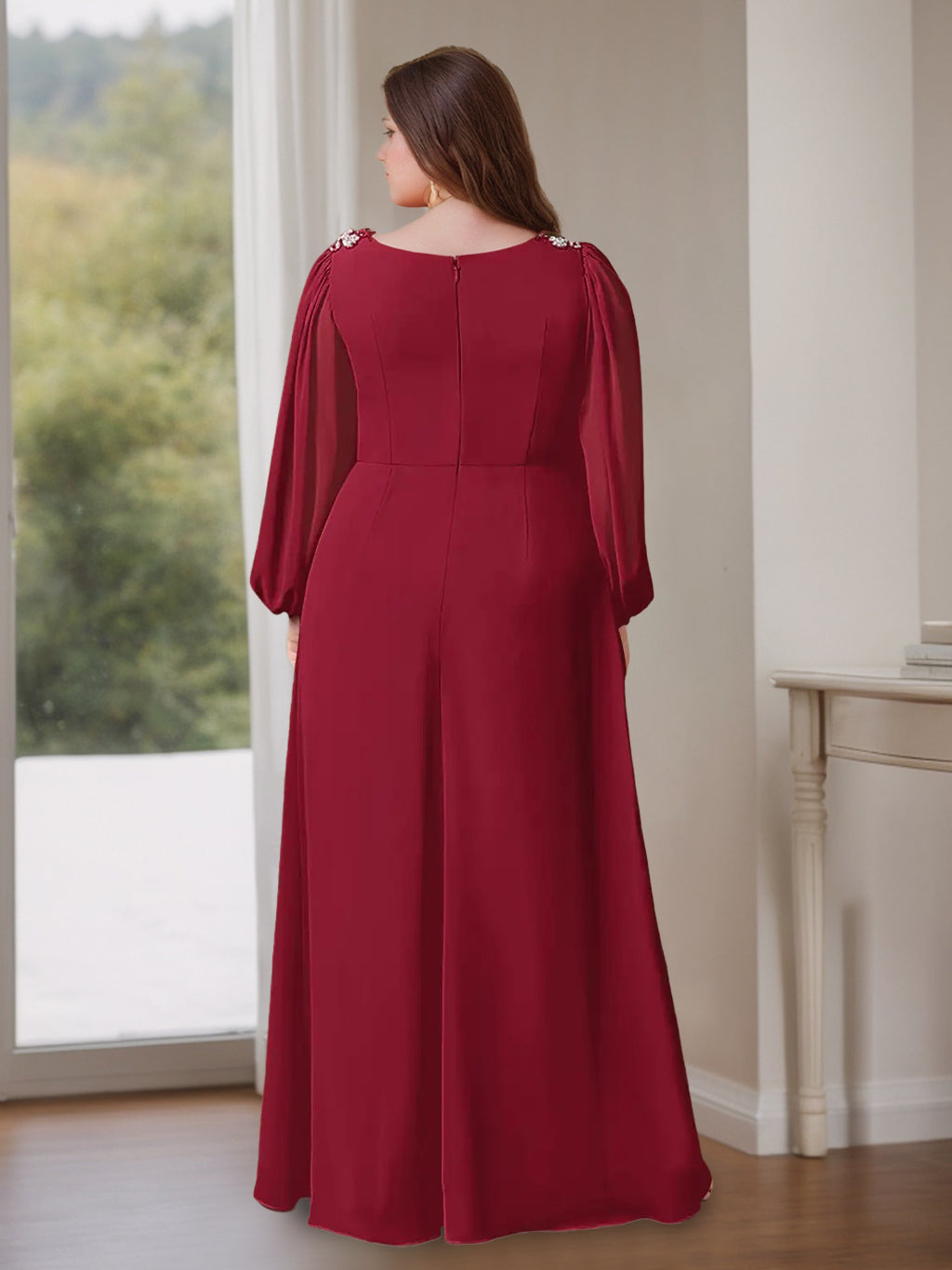 A-Line/Princess V-Neck Long Sleeves Floor-Length Plus Size Mother Of The Bride Dresses With Ruffles BabaMila