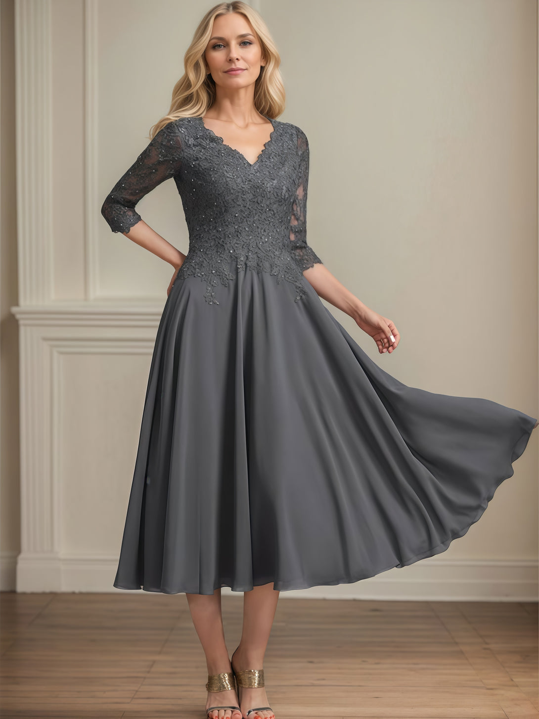 Elegant V-Neck 3/4 Sleeve Tea-Length Chiffon Mother of the Bride Dress With Appliques/Sequins BabaMila