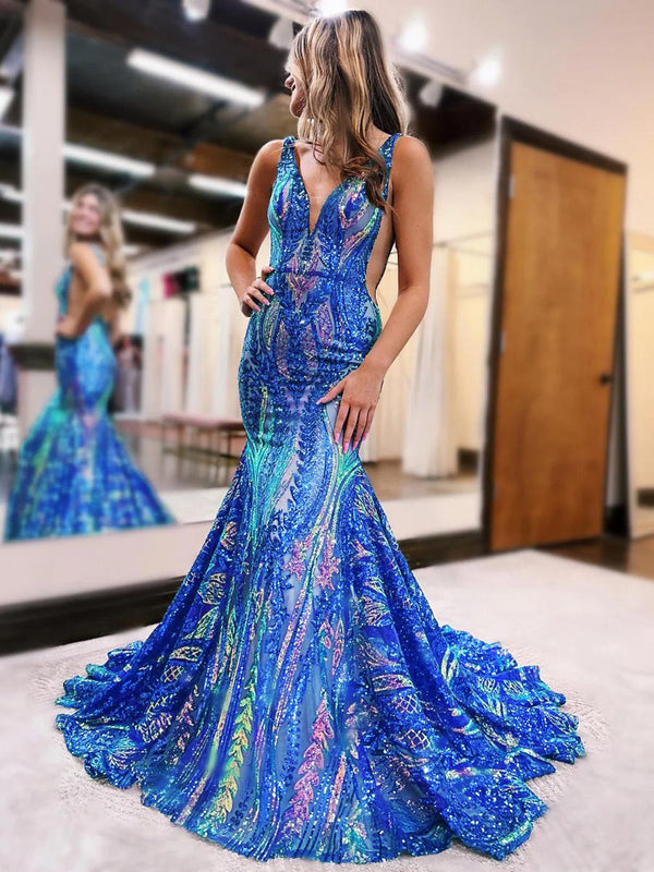 Trumpet/Mermaid V-Neck Sleeveless Court Train Long Prom Floral Dresses with Sequins BabaMila