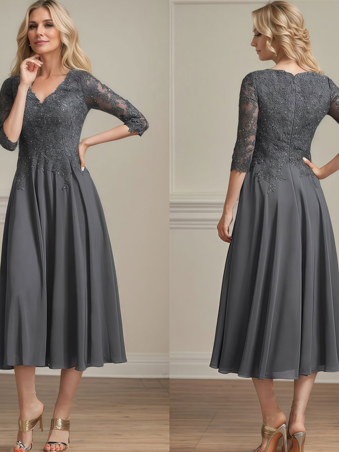 Elegant V-Neck 3/4 Sleeve Tea-Length Chiffon Mother of the Bride Dress With Appliques/Sequins BabaMila