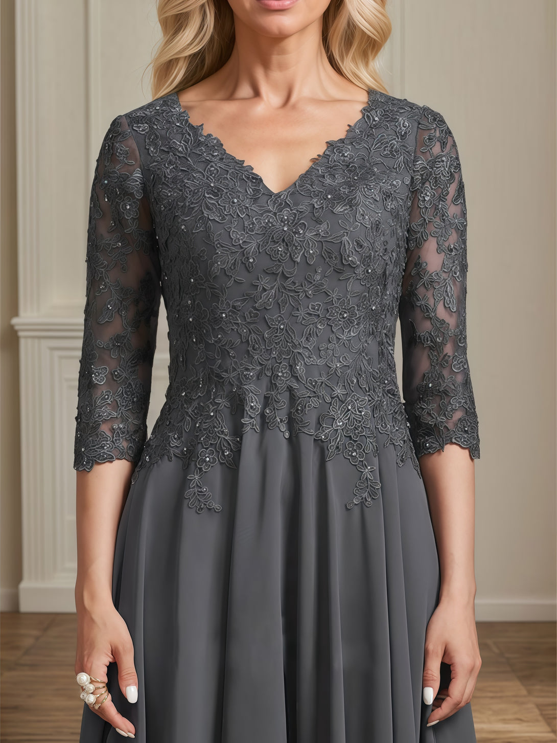 Elegant V-Neck 3/4 Sleeve Tea-Length Chiffon Mother of the Bride Dress With Appliques/Sequins BabaMila