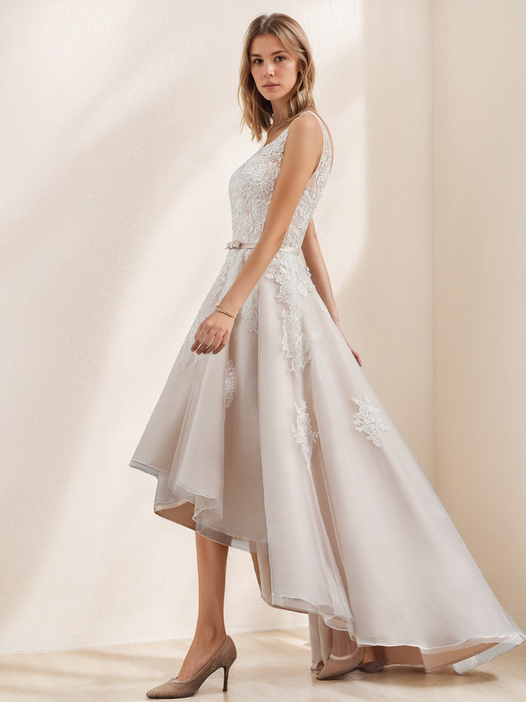 A-Line/Princess V-Neck Sleeveless Asymmetrical Wedding Dress With Appliques BabaMila