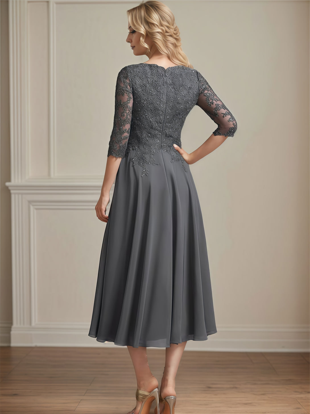 Elegant V-Neck 3/4 Sleeve Tea-Length Chiffon Mother of the Bride Dress With Appliques/Sequins BabaMila