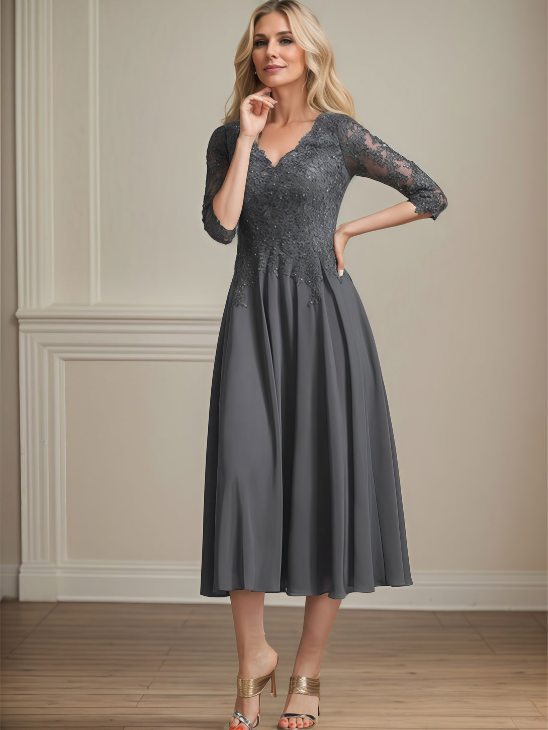 Elegant V-Neck 3/4 Sleeve Tea-Length Chiffon Mother of the Bride Dress With Appliques/Sequins BabaMila