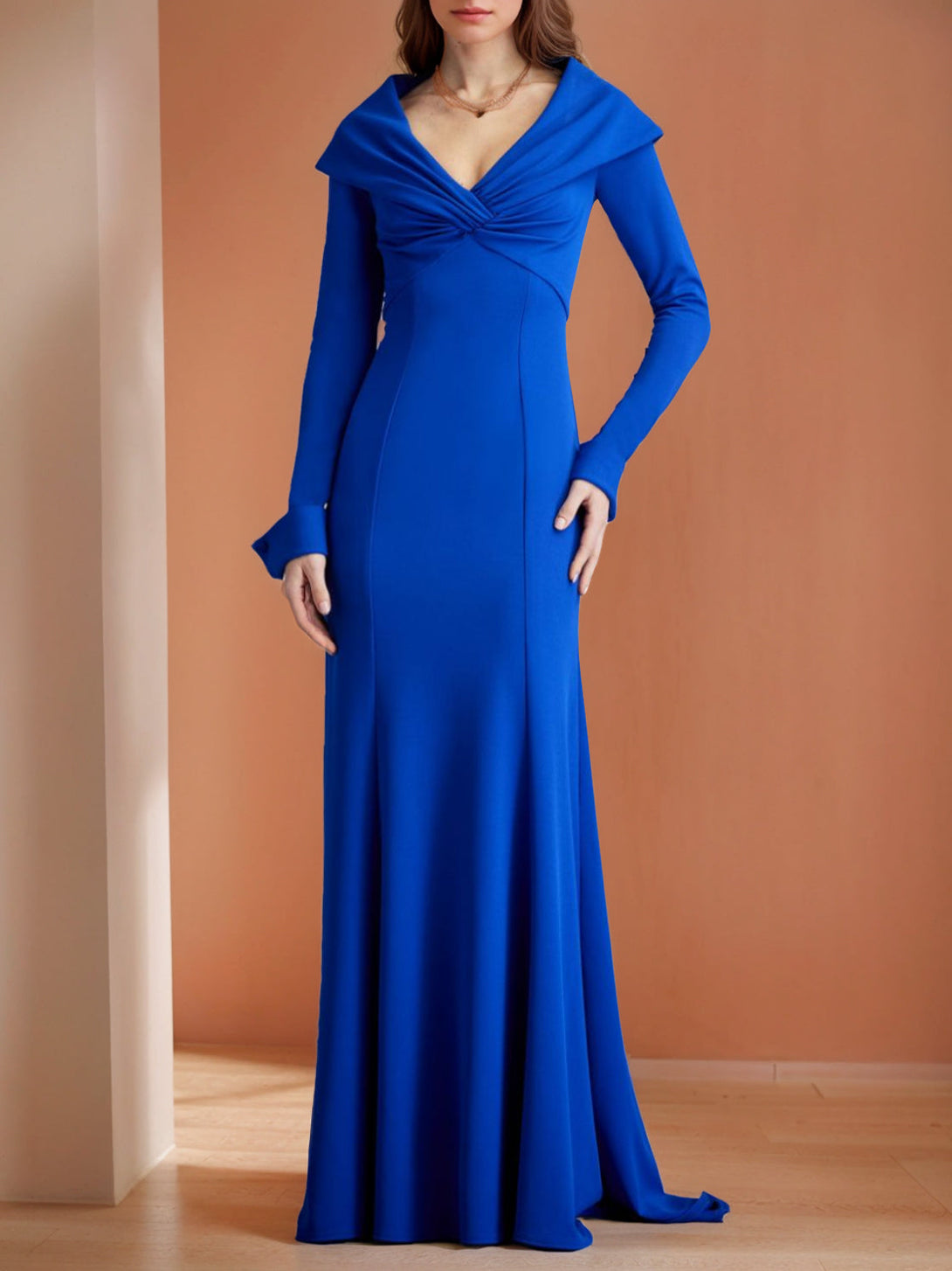Mermaid/Trumpet V-Neck Long Sleeves Floor-Length Mother Of The Bride Dresses With Ruffles BabaMila