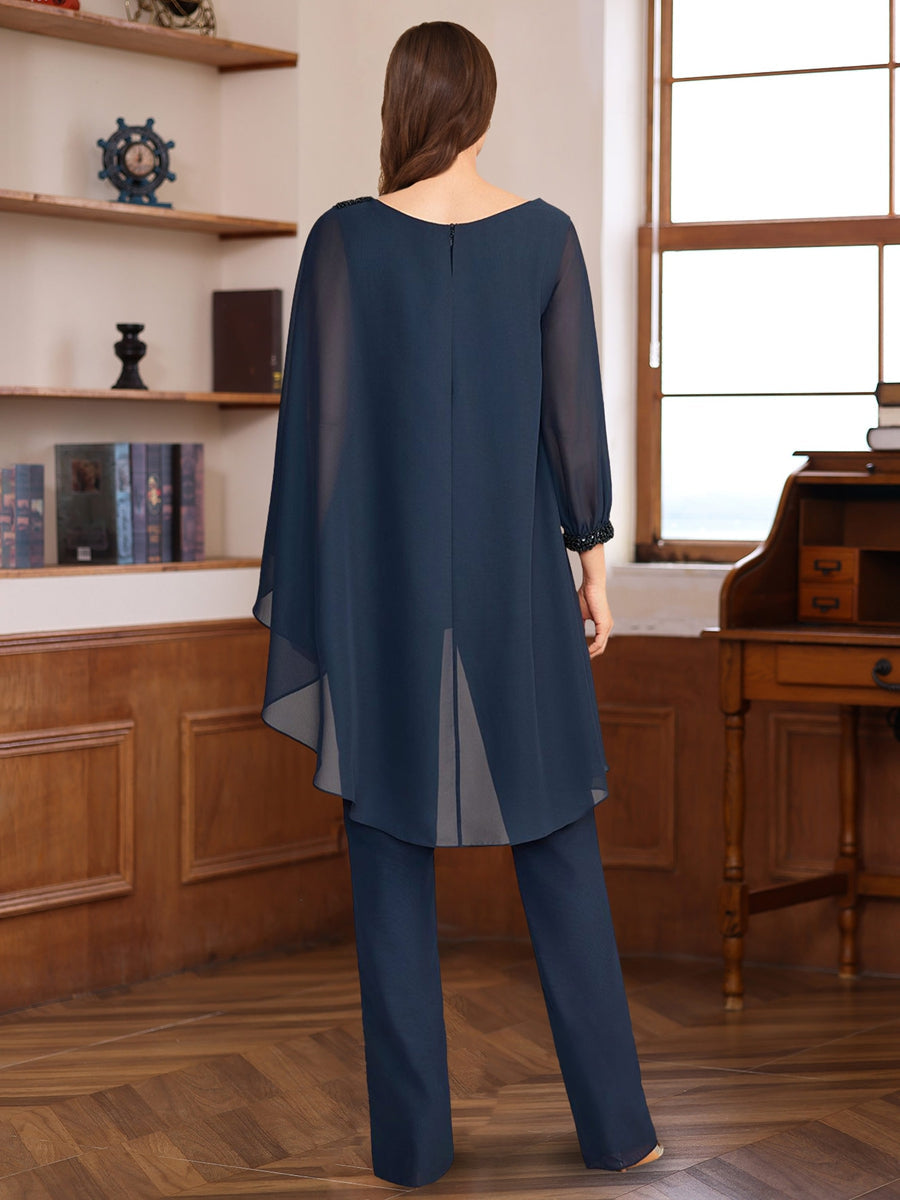2 Pieces Chiffon Round Neck Floor-Length Mother Of The Bride Pantsuits With Ruffles & Sequins & Beading BabaMila