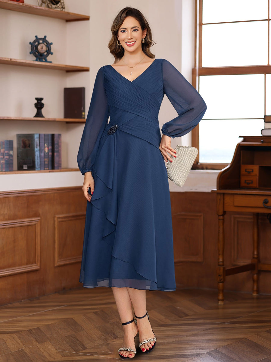 A-Line V-Neck Long Sleeves Tea Length Mother Of The Bride & Groom Dresses With Pleats & Appliques BabaMila