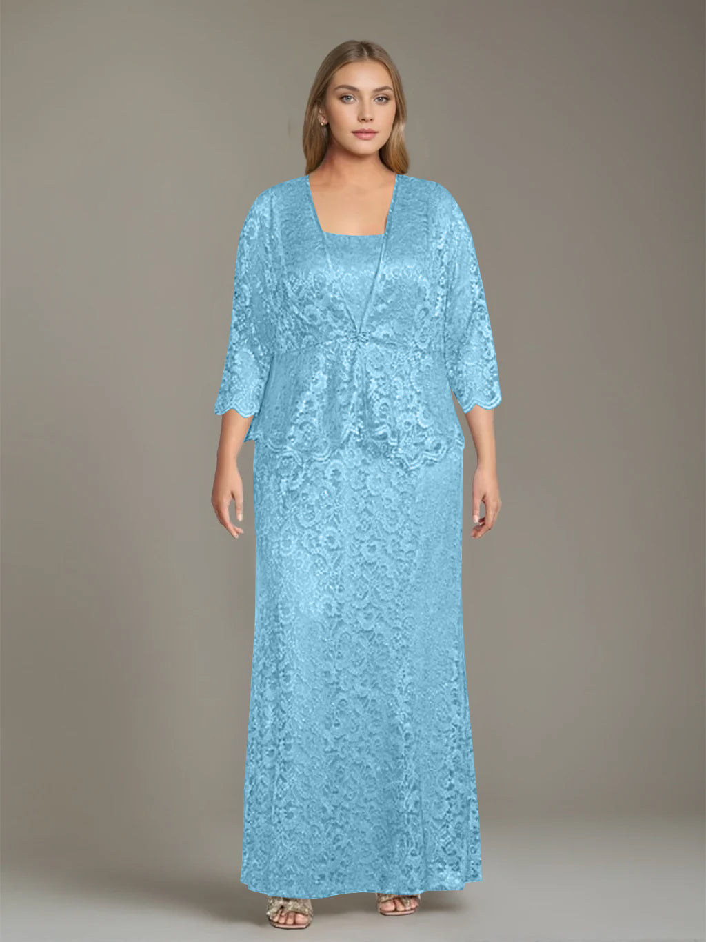 Sheath/Column Square Neck 3/4 Length Sleeves Floor-Length 2 Pieces Plus Size Mother Of The Bride Dresses With Jacket BabaMila