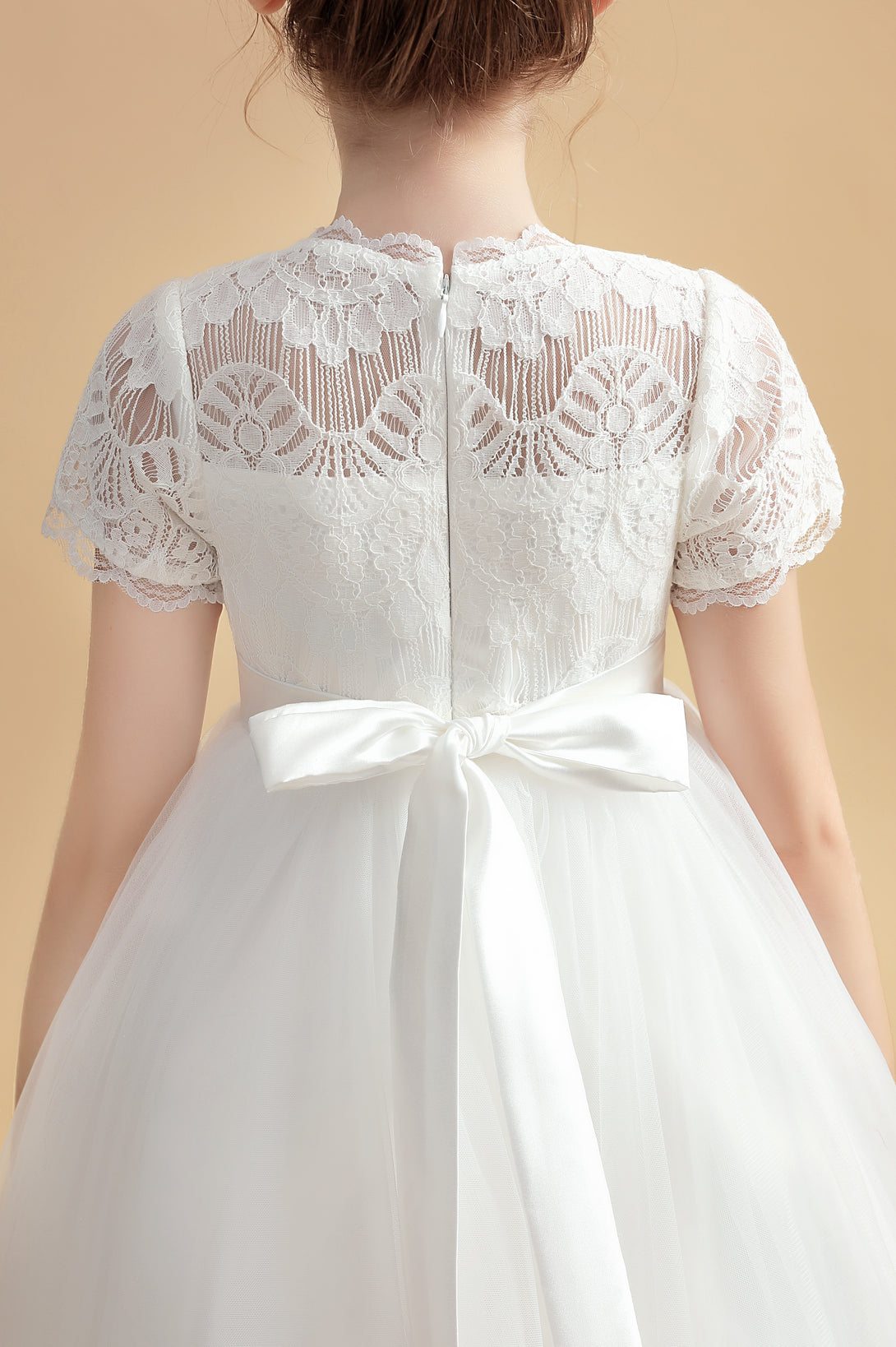 Short Sleeve Scoop Neck Floor-Length Tulle/Lace/Satin Flower Girl Dresses/First Communion Dress With Beads Belt/Appliques Girls Gidiondress