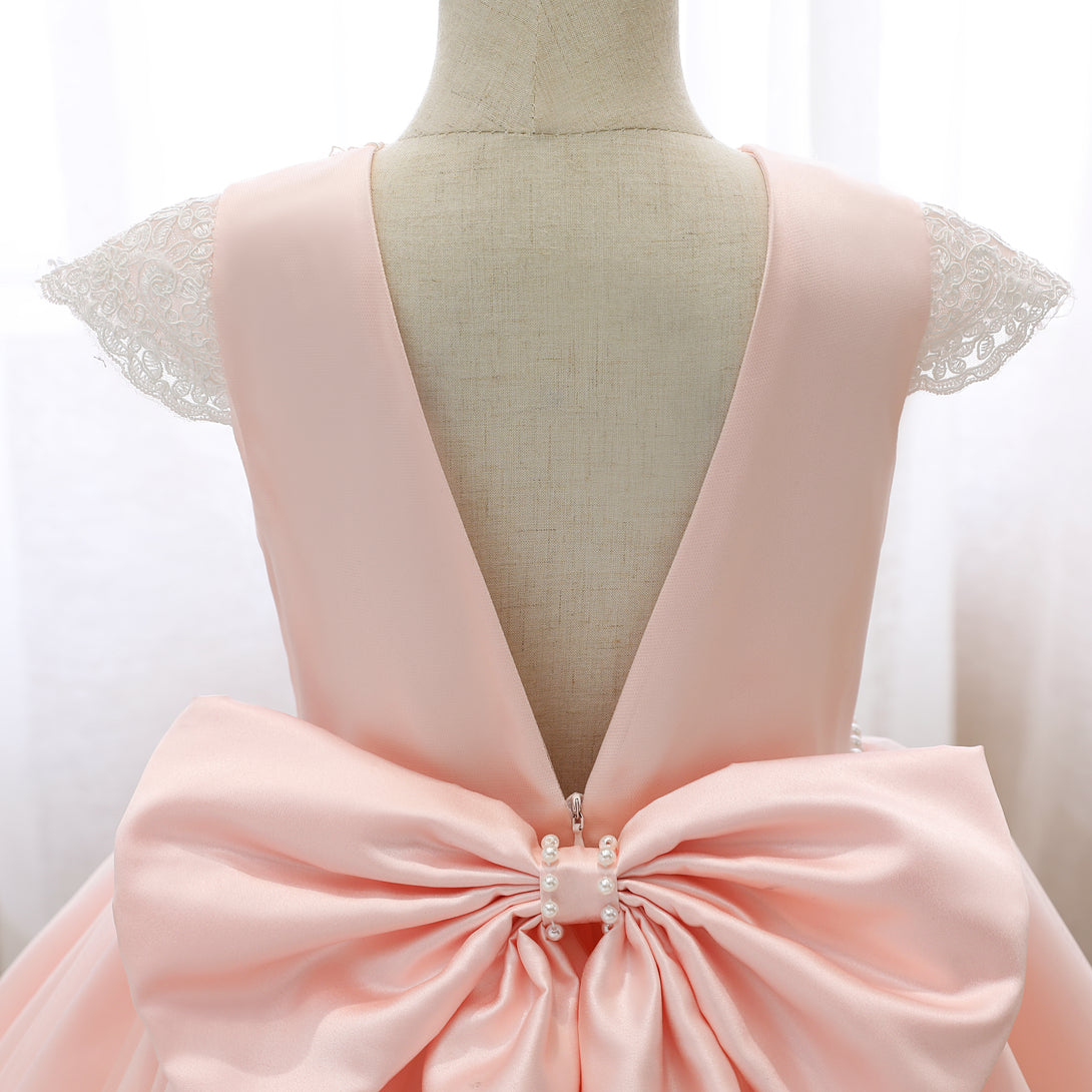 Scoop Neck Cap Sleeve Knee-Length Satin/Lace Girls Birthday Dresses With Bow/Beads Belt/Appliques Girls Gidiondress
