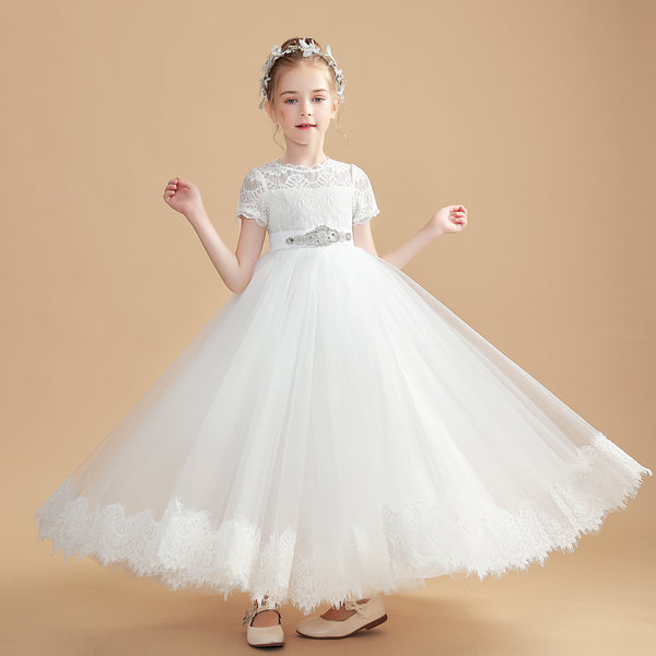 Short Sleeve Scoop Neck Floor-Length Tulle/Lace/Satin Flower Girl Dresses/First Communion Dress With Beads Belt/Appliques Girls Gidiondress